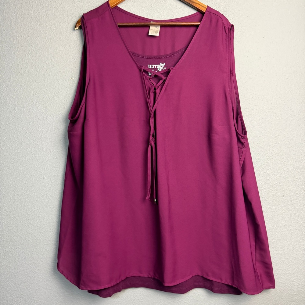 Terra Sky 2 Piece Women Plus Size 4X Magenta Lace Up V Neck Sleeveless Flowy Top